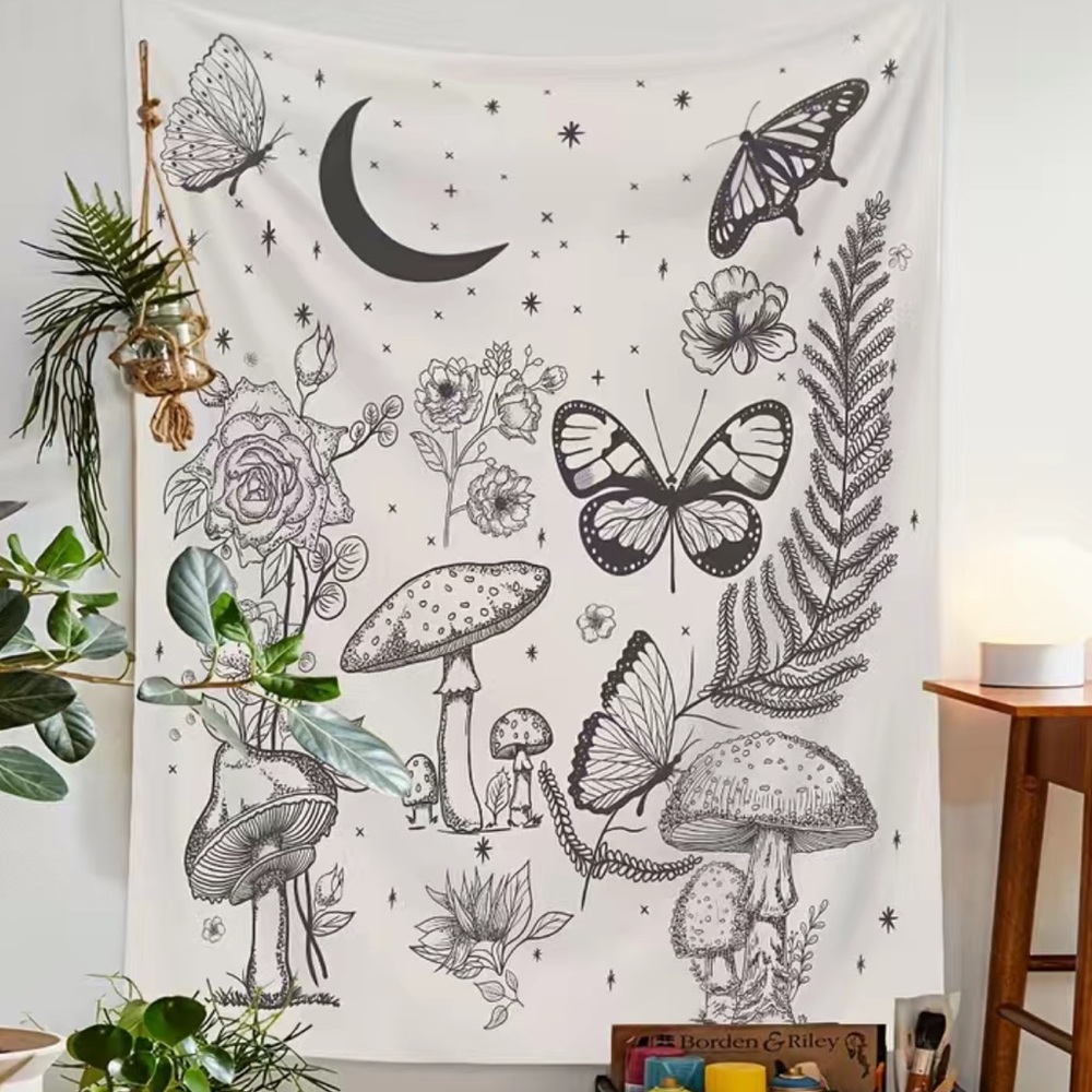 Butterfly Moon Wall Tapestry‎ Black & White Mushroom Plant Boho